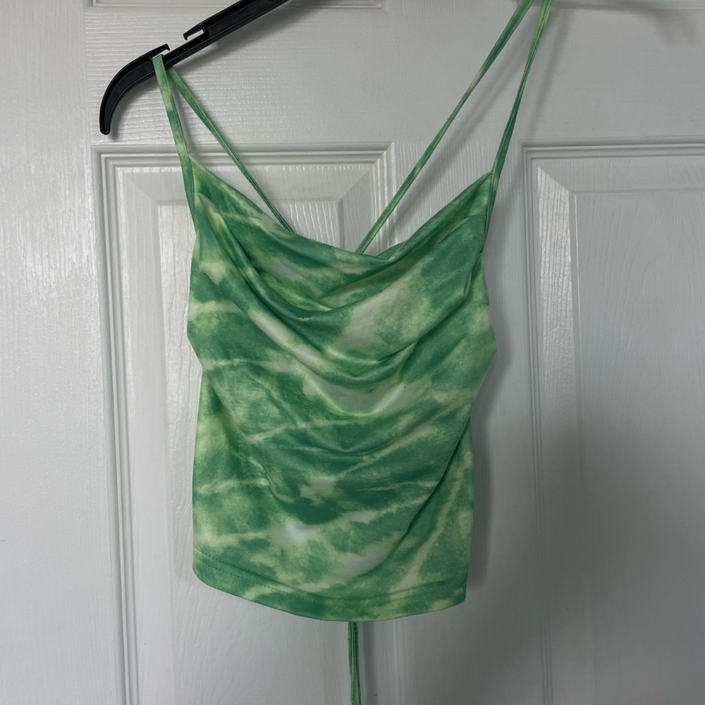Green water design shirt with criss cross back